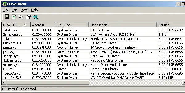 DriverView List Drivers Windows 10 Nirsoft