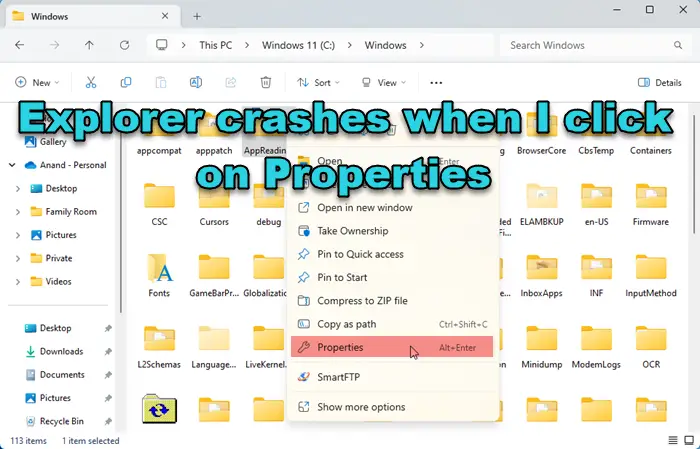 Explorer crashes when I click on Properties