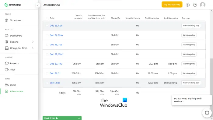 TimeCamp free Attendance Management System